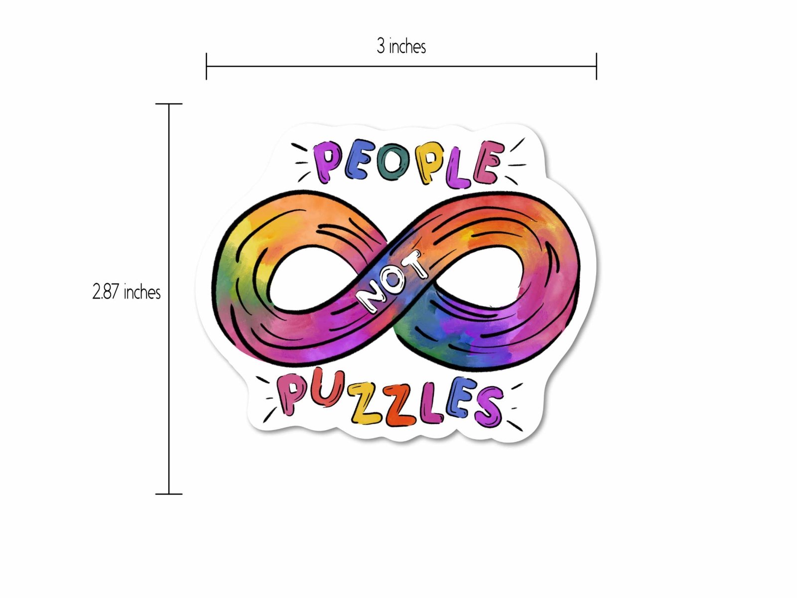 People Not Puzzles Sticker displayed with a size measurement, showing its 3-inch dimensions for easy placement