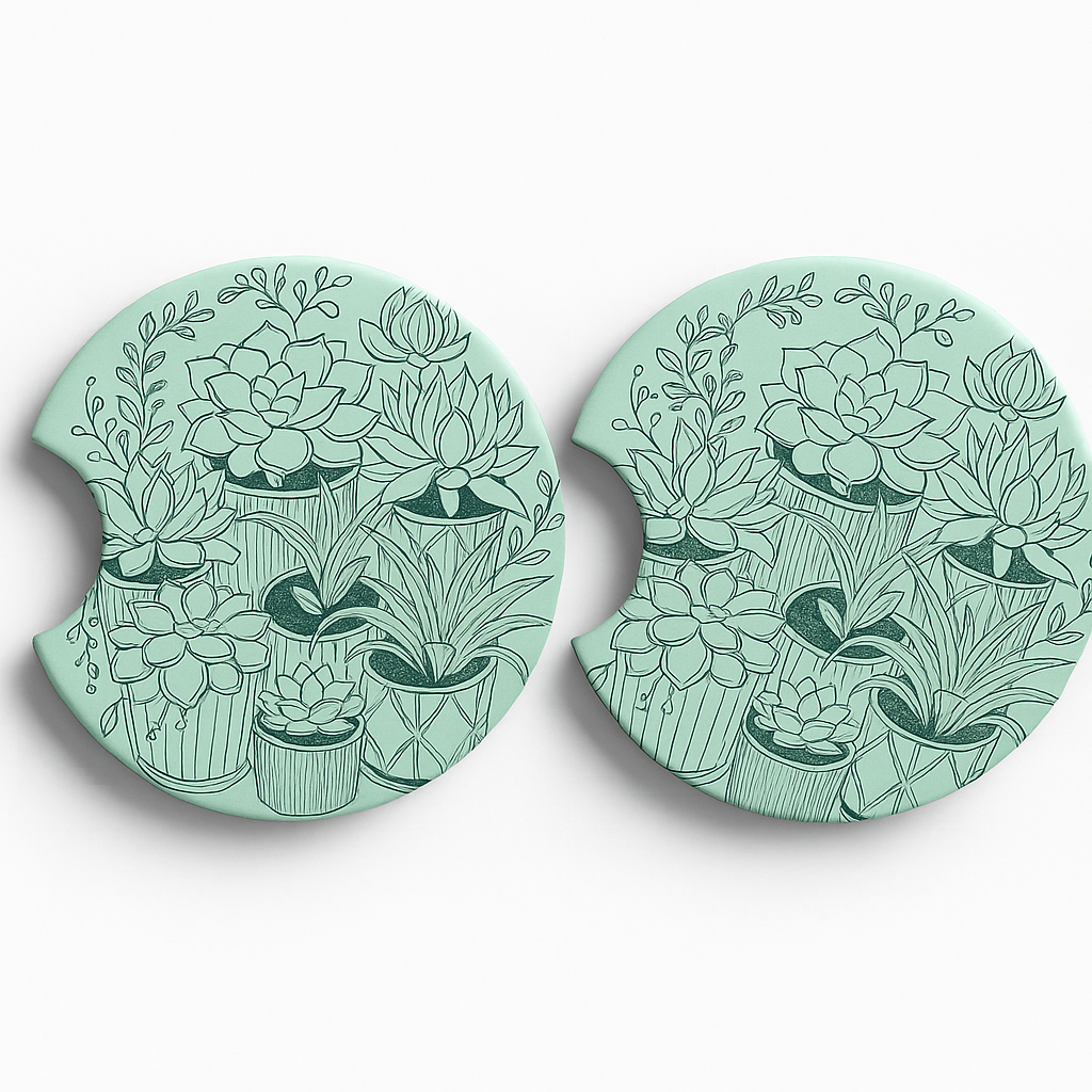 Plant Lovers car coasters 2-pack with hand-drawn botanical designs, 2.75 inch diameter neoprene cup holder coasters