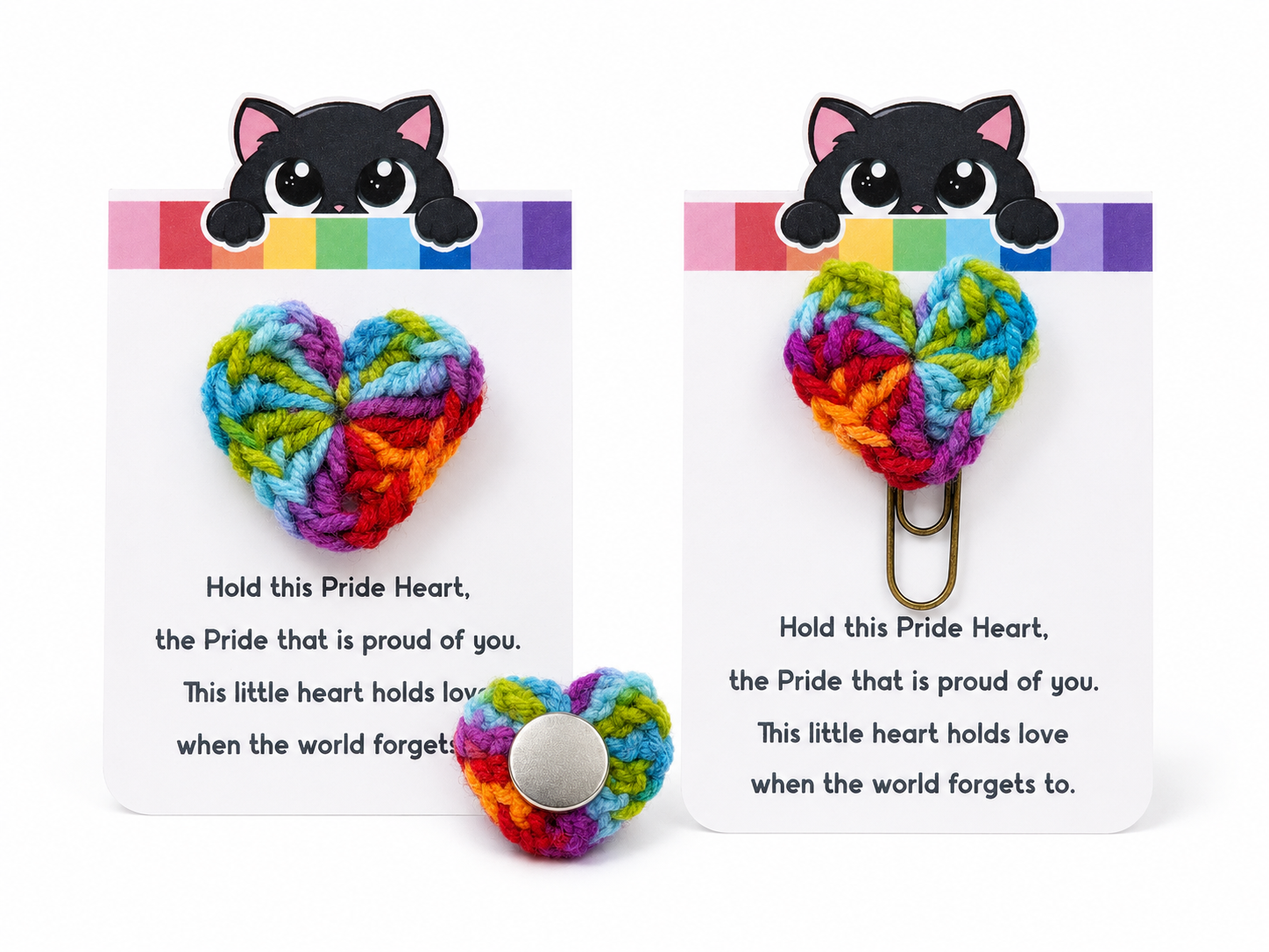 Two rainbow heart clips with cat-shaped holders on colorful backgrounds.