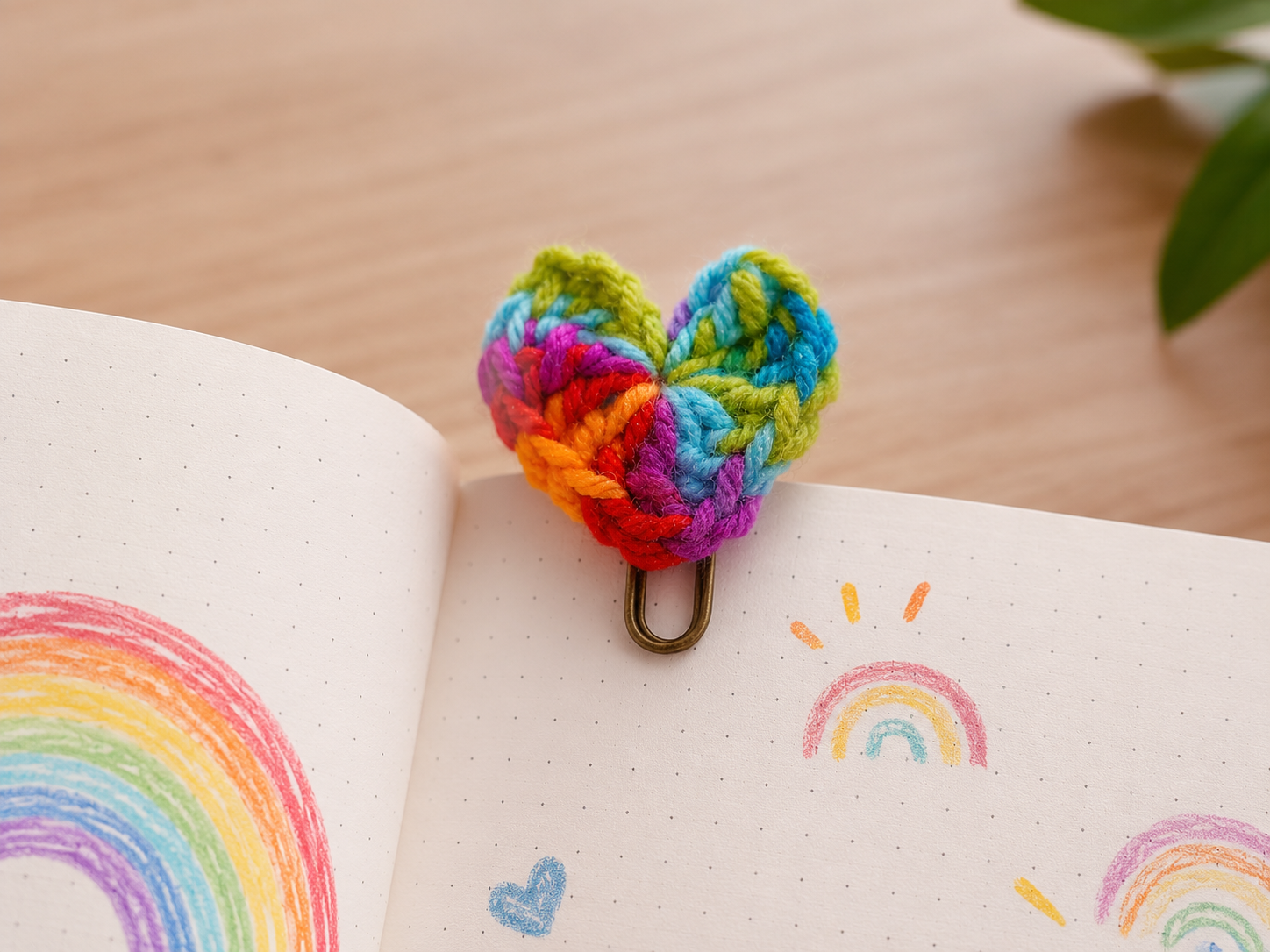 Colorful knitted heart-shaped keychain on an open notebook with rainbow drawings.