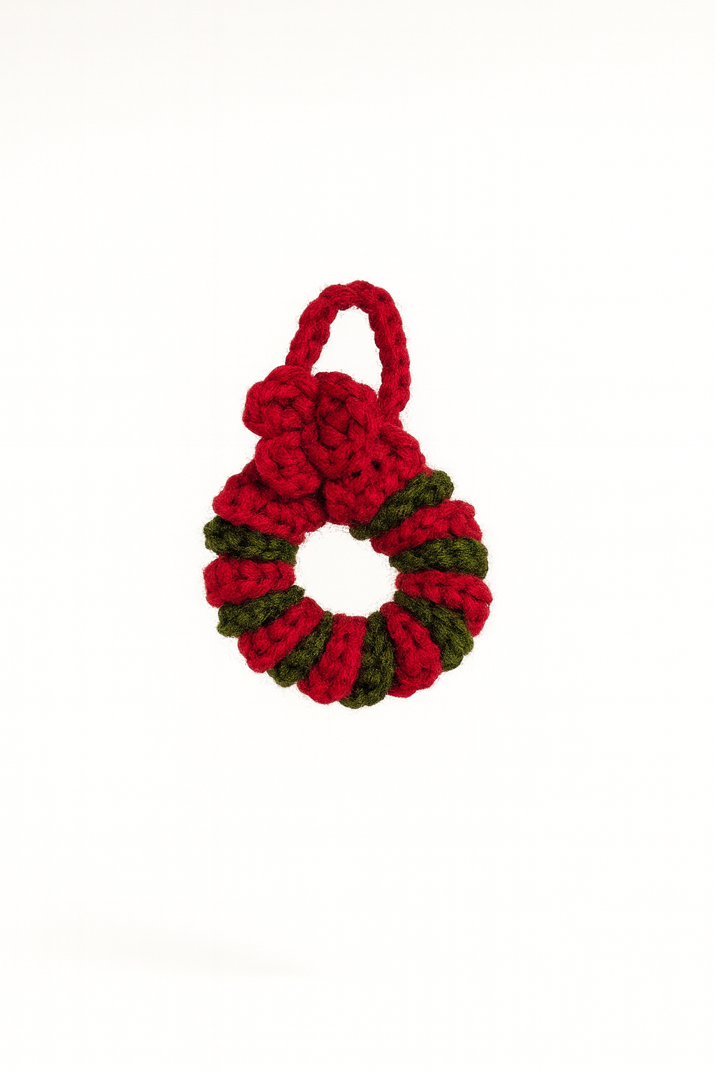 Red and green crochet Christmas wreath ornament handmade for holiday decor