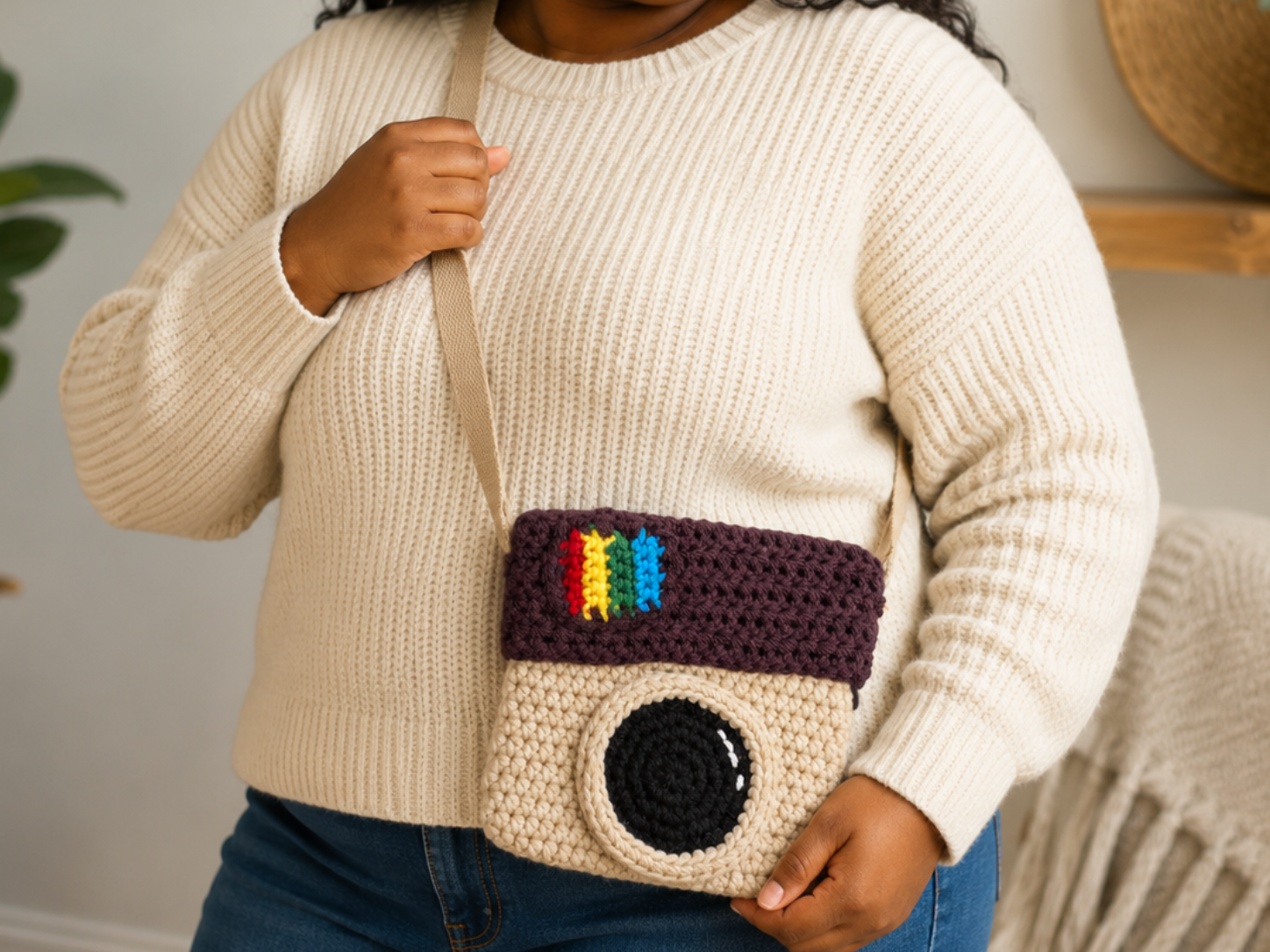 Person holding a crocheted camera bag with rainbow design
