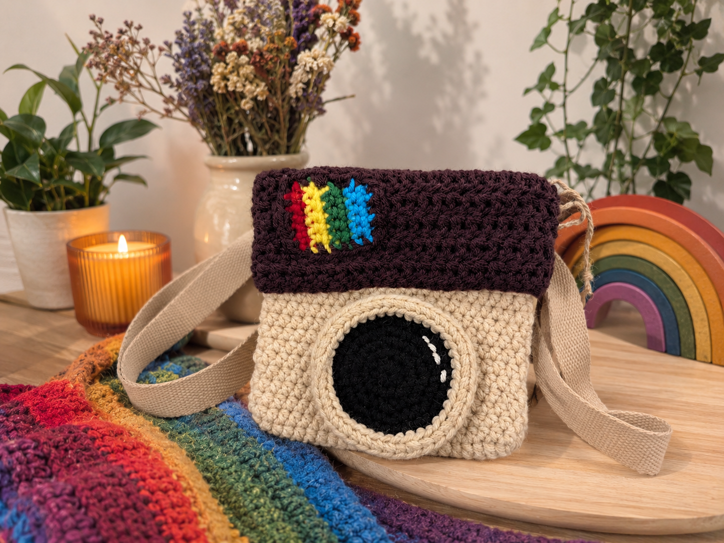 Crocheted camera bag with rainbow colors on a wooden surface with plants and candles in the background