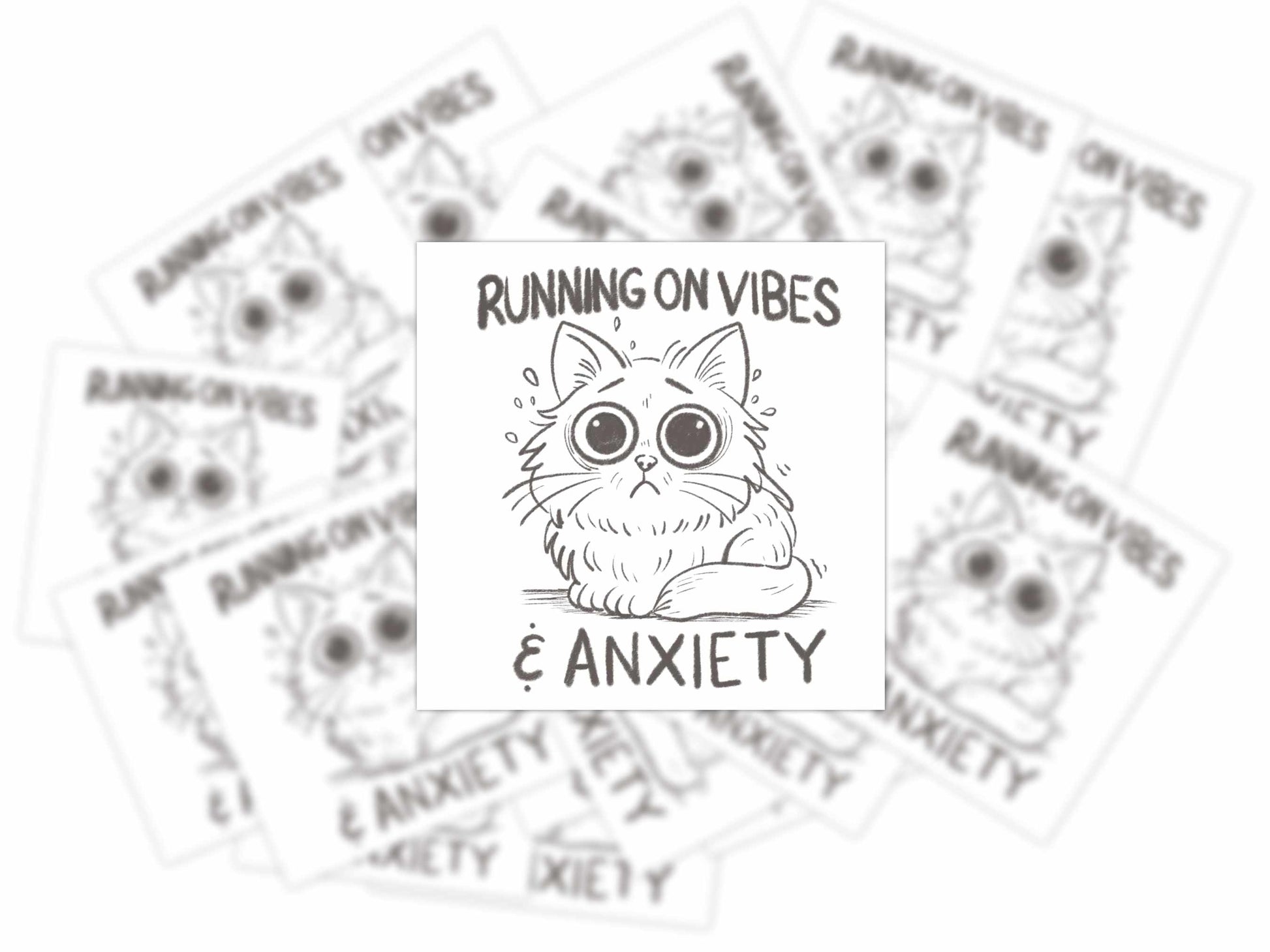 Stack of Running on Vibes & Anxiety vinyl stickers featuring a wide-eyed anxious cat illustration.