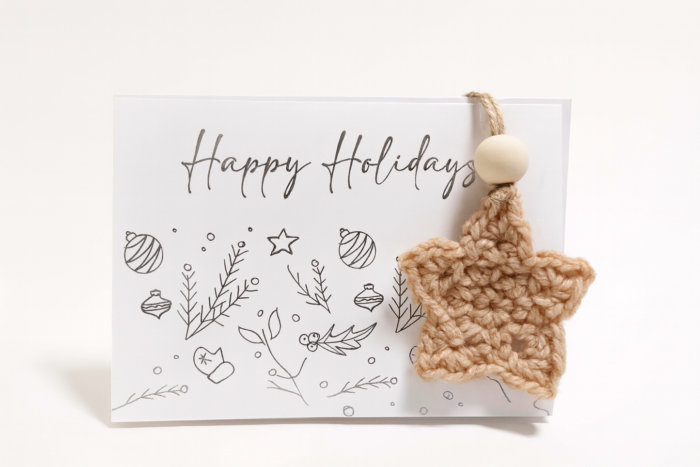 Silver foil Christmas card with coordinating pink crochet ornament, unique holiday greeting set