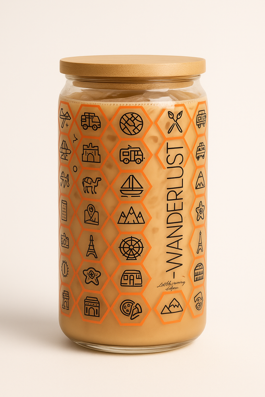 Wanderlust 16oz glass tumbler with bamboo lid and glass straw, front view showing clear glass design
