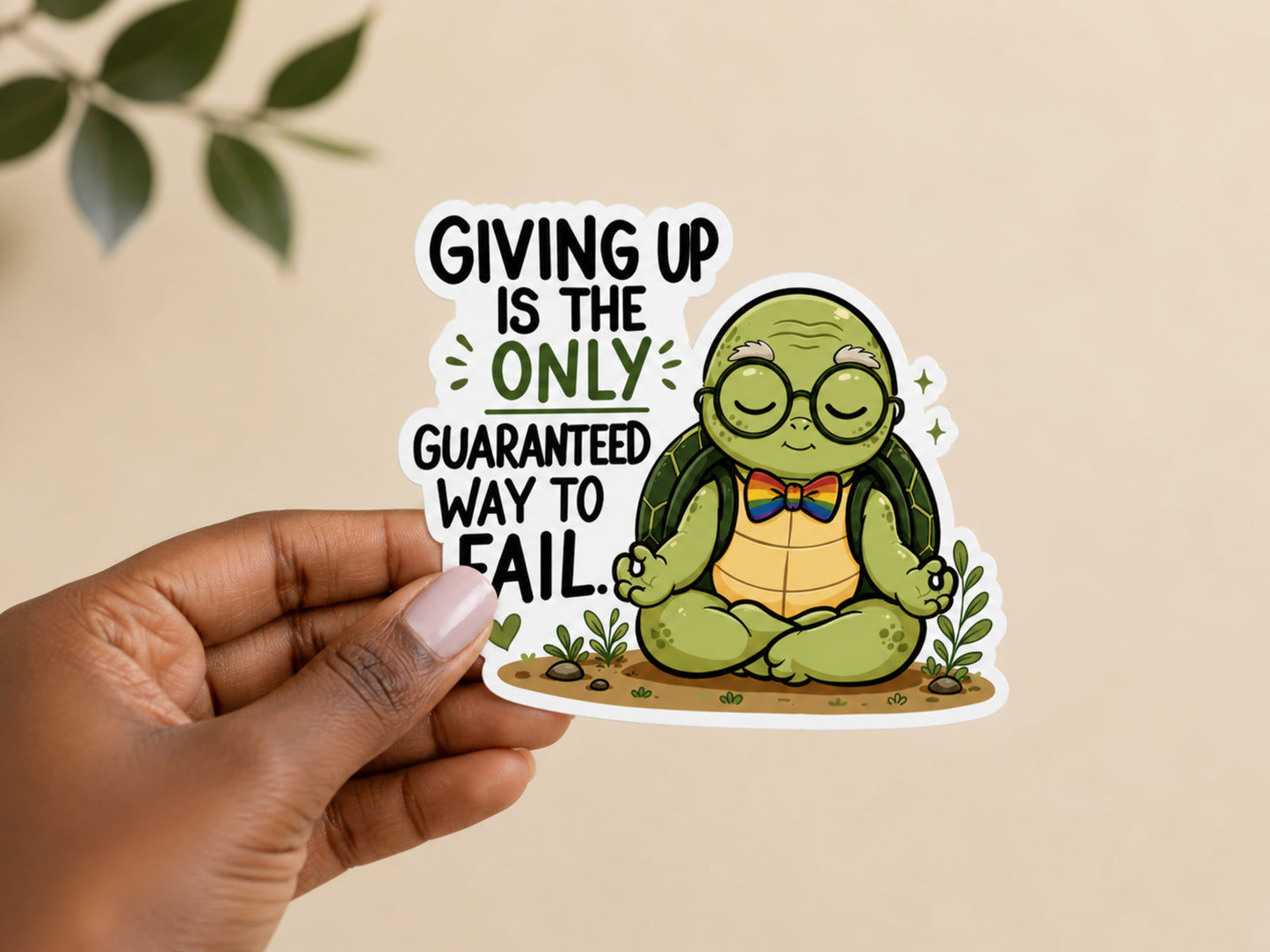 Hand holding Wilbur turtle sticker with glasses and rainbow bow tie and the quote “Giving up is the only guaranteed way to fail”