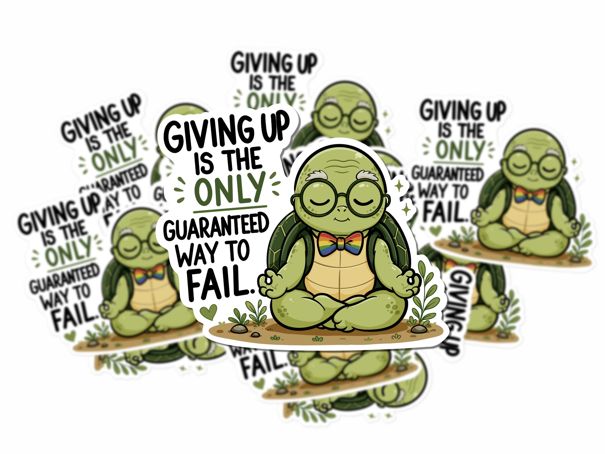 Multiple Wilbur turtle quote stickers stacked showing the design and the text “Giving up is the only guaranteed way to fail”