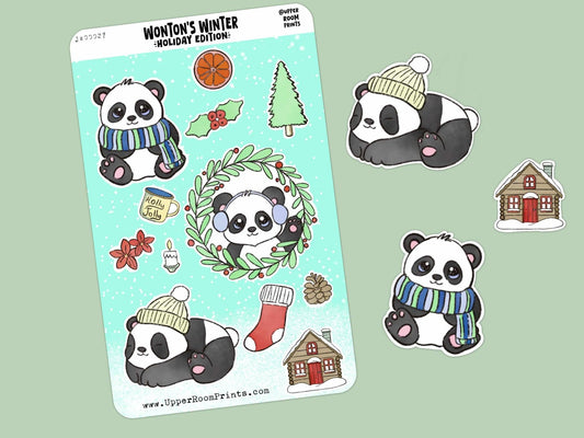 Wonton the autistic panda winter sticker sheet 4x6 inches with Christmas and snow scenes for planners