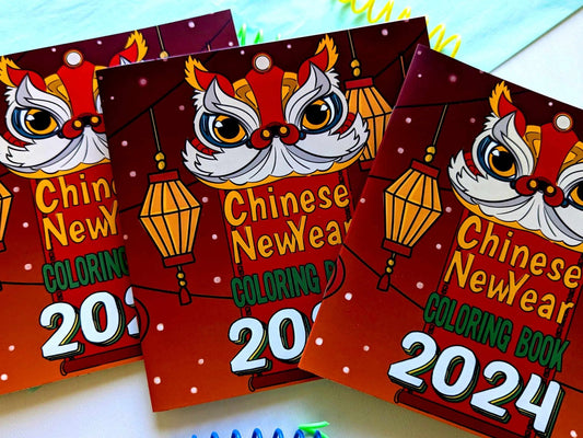 Year of the Dragon Chinese New Year coloring book cover featuring red lion dance masks with gold accents and lanterns

