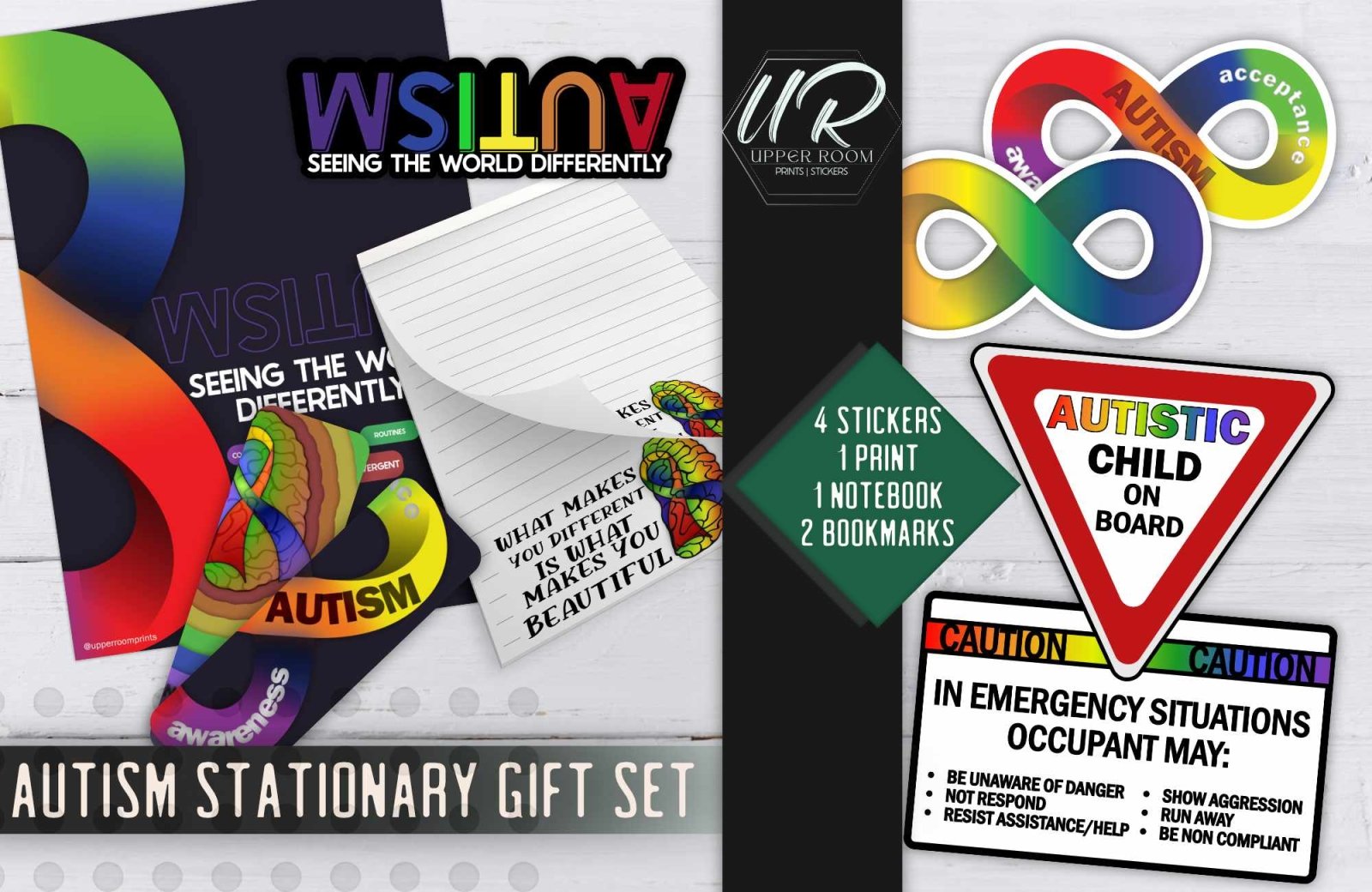 Full Autism Stationery Gift Set including stickers, notepad, bookmarks, and art print displayed together.