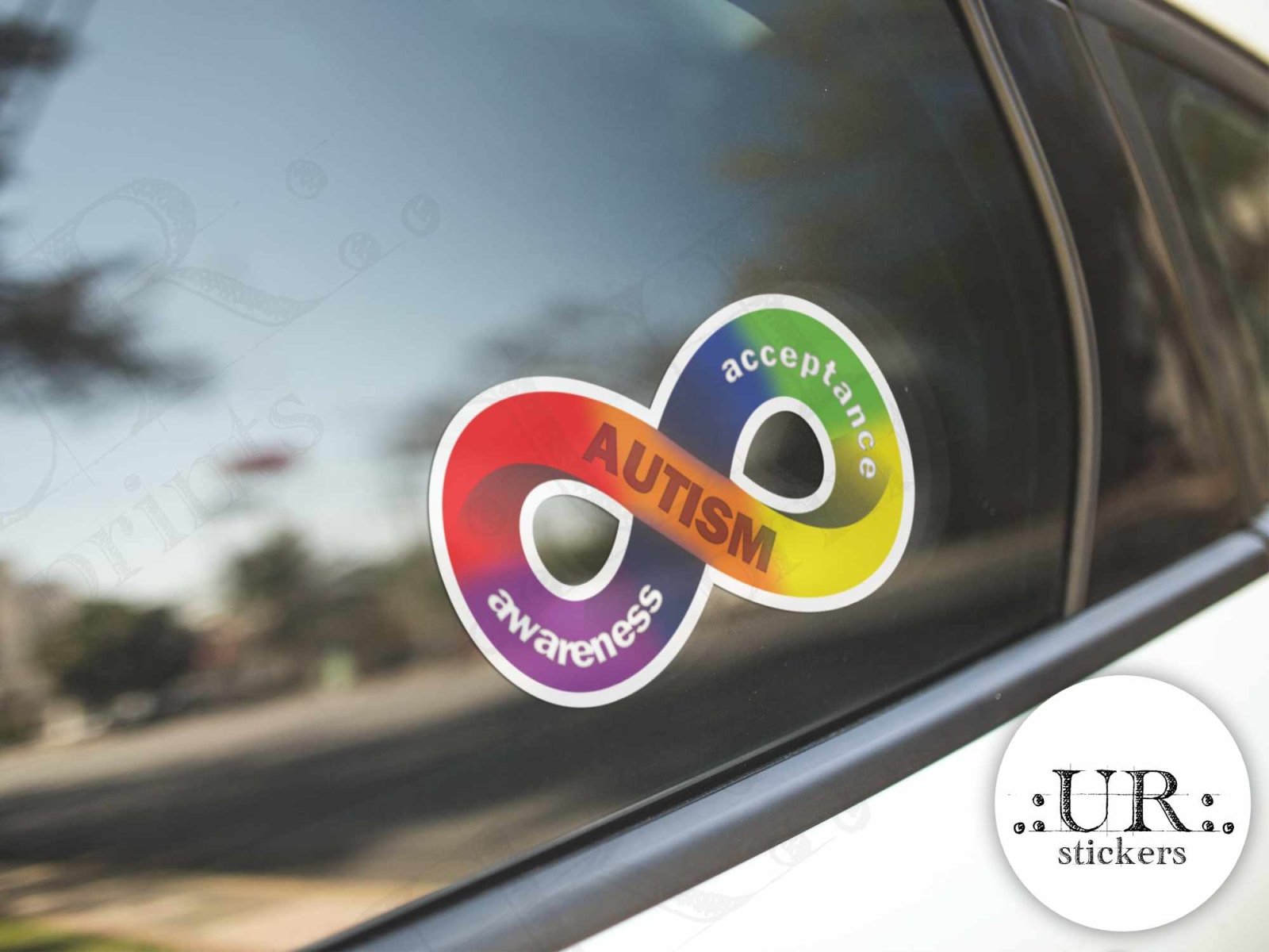 Autism Acceptance Infinity Sticker applied to a car window, displaying its bold and meaningful neurodiversity symbol