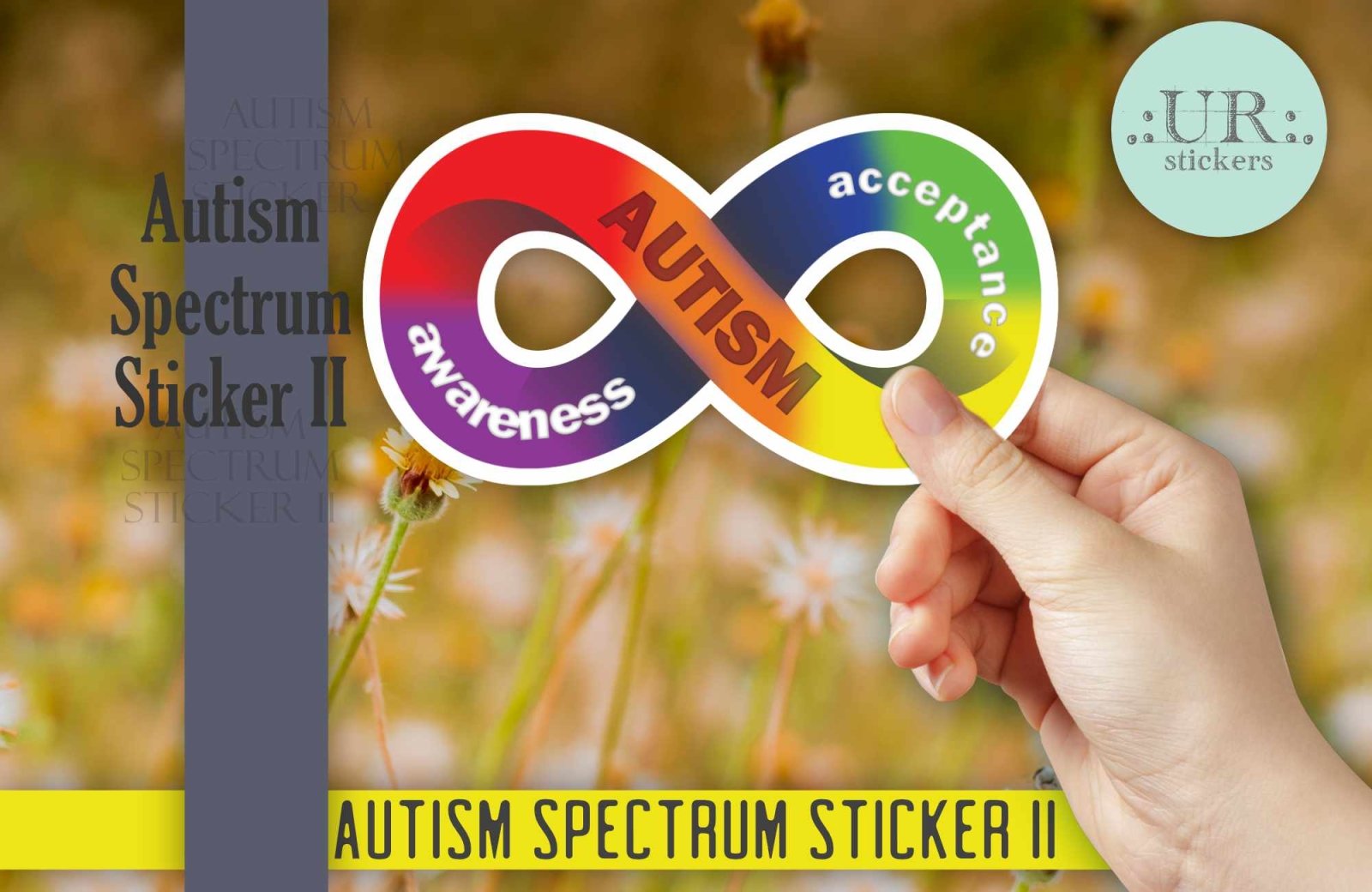 Autism Acceptance Infinity Sticker held in hand, featuring a clear or white vinyl infinity symbol design for car windows, laptops, and more.