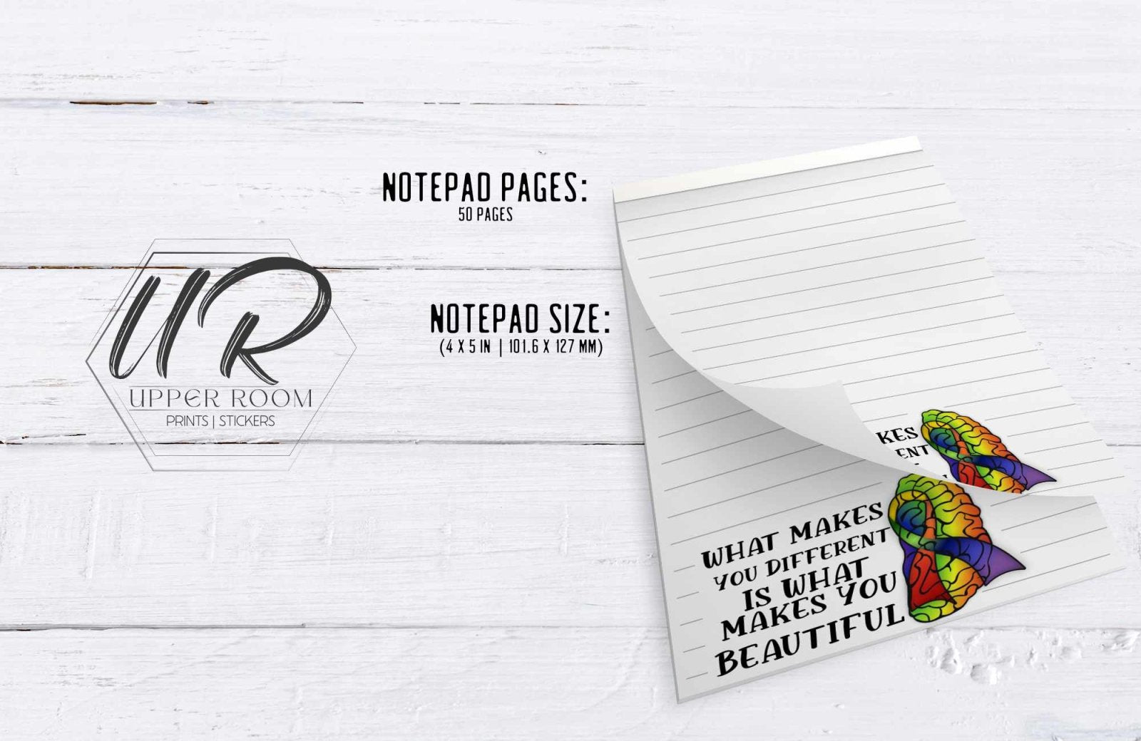 Close-up of the 4x5-inch autism notepad showing details and size measurement.