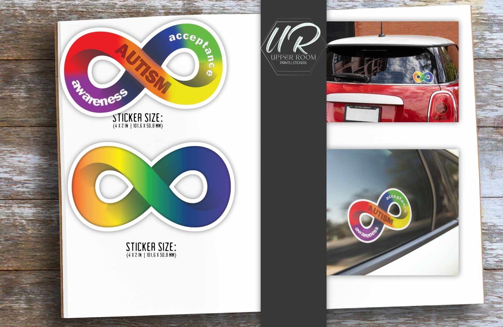 Two autism stickers with size measurements shown for awareness and infinity symbol designs.