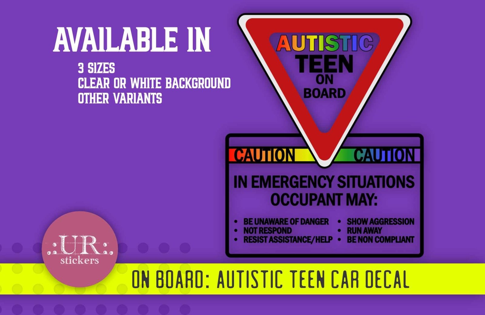 Autistic Teen On Board Car Decal applied to a car window, providing clear awareness for other drivers and responders.