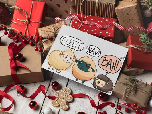 Fleece Navi Bah Christmas card with cute sheep pun and watercolor design, A6 holiday greeting