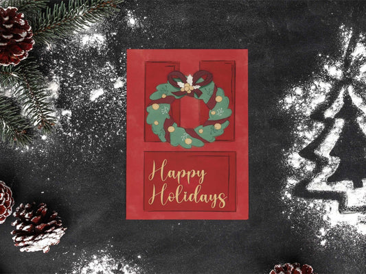 Holiday Door Christmas card with watercolor red door and festive wreath, A6 holiday greeting