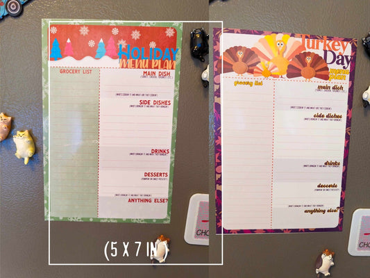 Colorful holiday meal planner magnet on refrigerator with included black dry erase marker