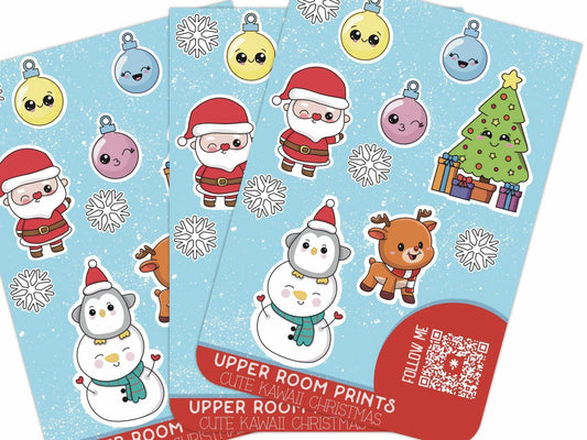 Kawaii Christmas sticker sheet with 11 cute festive designs for holiday crafting