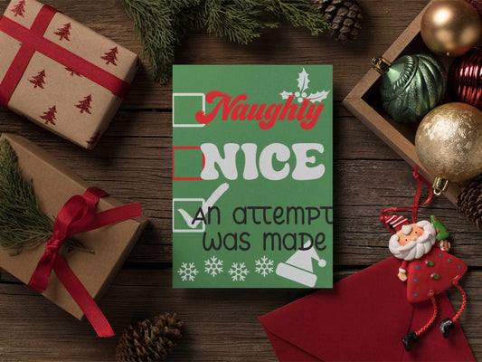 Naughty Nice Christmas card with funny hand-drawn design, A6 holiday greeting with witty humor