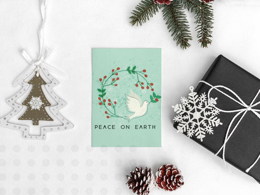 Peace on Earth Christmas card with watercolor dove and Christmas garland design, A6 holiday greeting