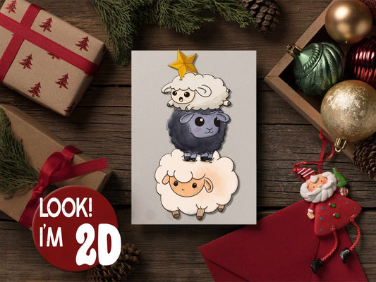 Sheepy Tree 2D layered Christmas card with flock of sheep forming a Christmas tree, funny A6 holiday greeting