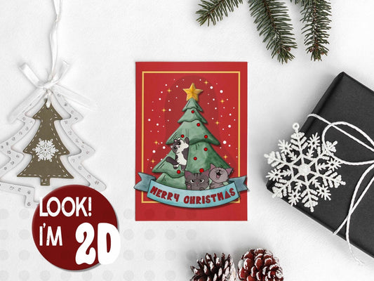 Staff Christmas Tree card with three cats (Neville, Ginny, Severus) forming a Christmas tree, funny watercolor holiday greeting