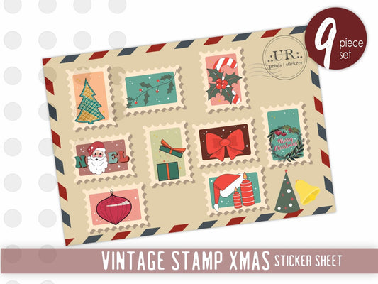 Vintage Christmas stamp sticker sheet with classic holiday designs for junk journaling and scrapbooking, 4x6 inches