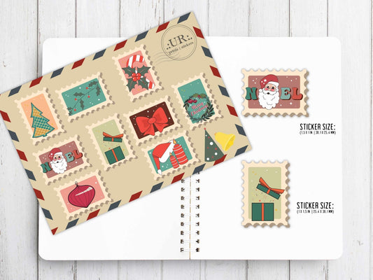 Vintage Christmas stamp stickers used in junk journal and holiday paper crafts with nostalgic aesthetic