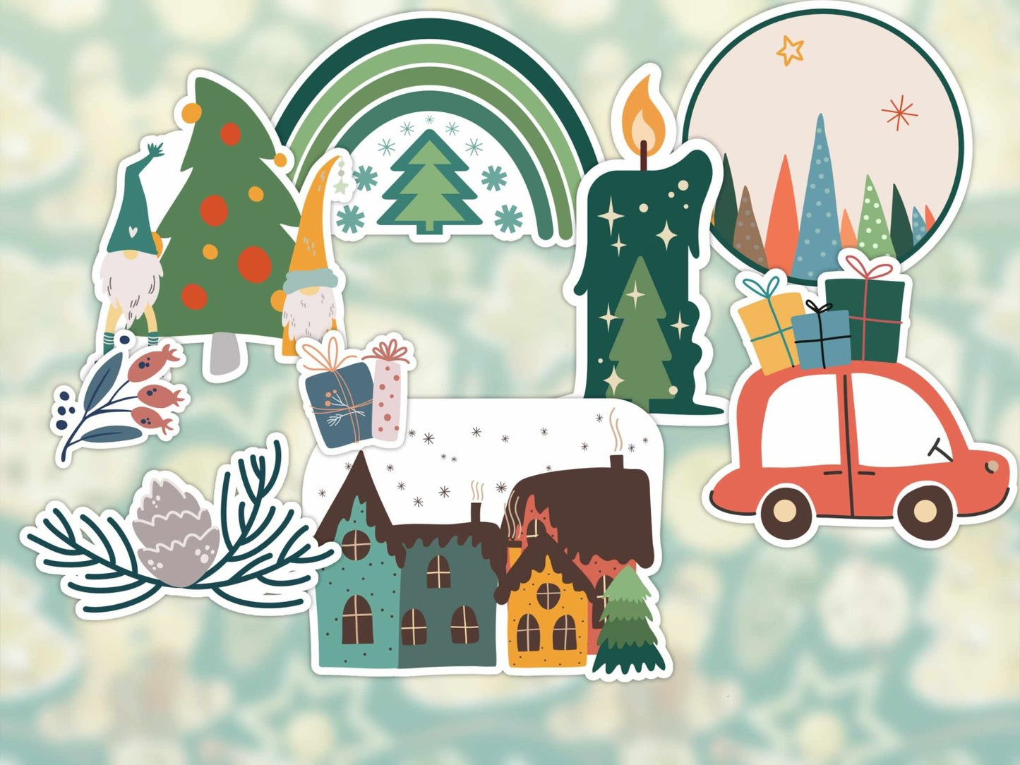 Cozy Christmas sticker set with 9 vintage-inspired holiday designs for crafting and decorating
