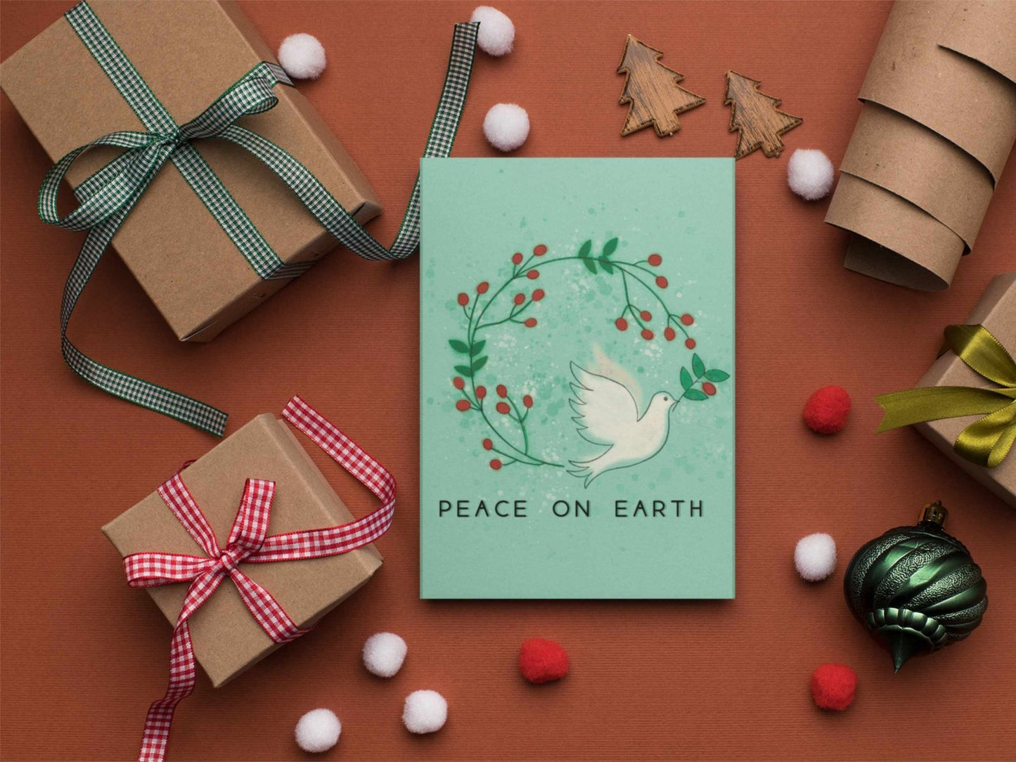 Watercolor dove holiday card with Peace on Earth message and envelope, meaningful Christmas greeting