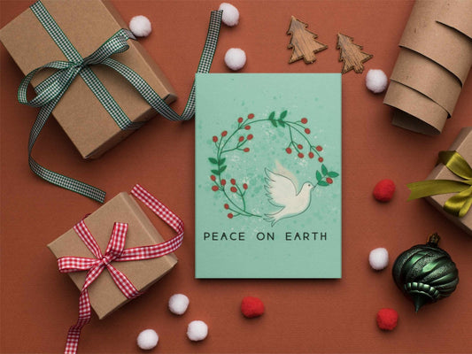 Watercolor dove holiday card with Peace on Earth message and envelope, meaningful Christmas greeting